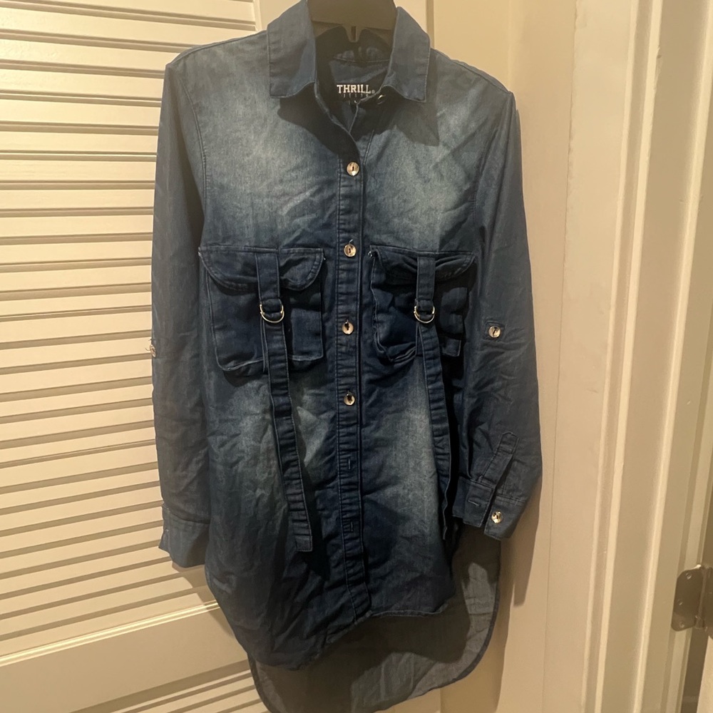 Womens Thrill Jeans Button Up Denim 3/4 Length Sleeve Shirt L - Never Worn